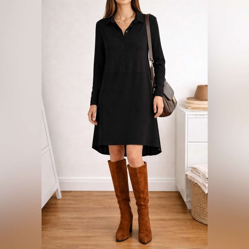 Topshop Black Mixed Fabric Shirt Dress Long Sleeve High Low Hem Size 4